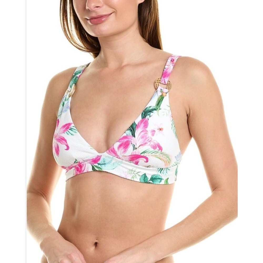 La Blanca Standard Over The Shoulder Triangle Floral Bikini Top White Sz 8